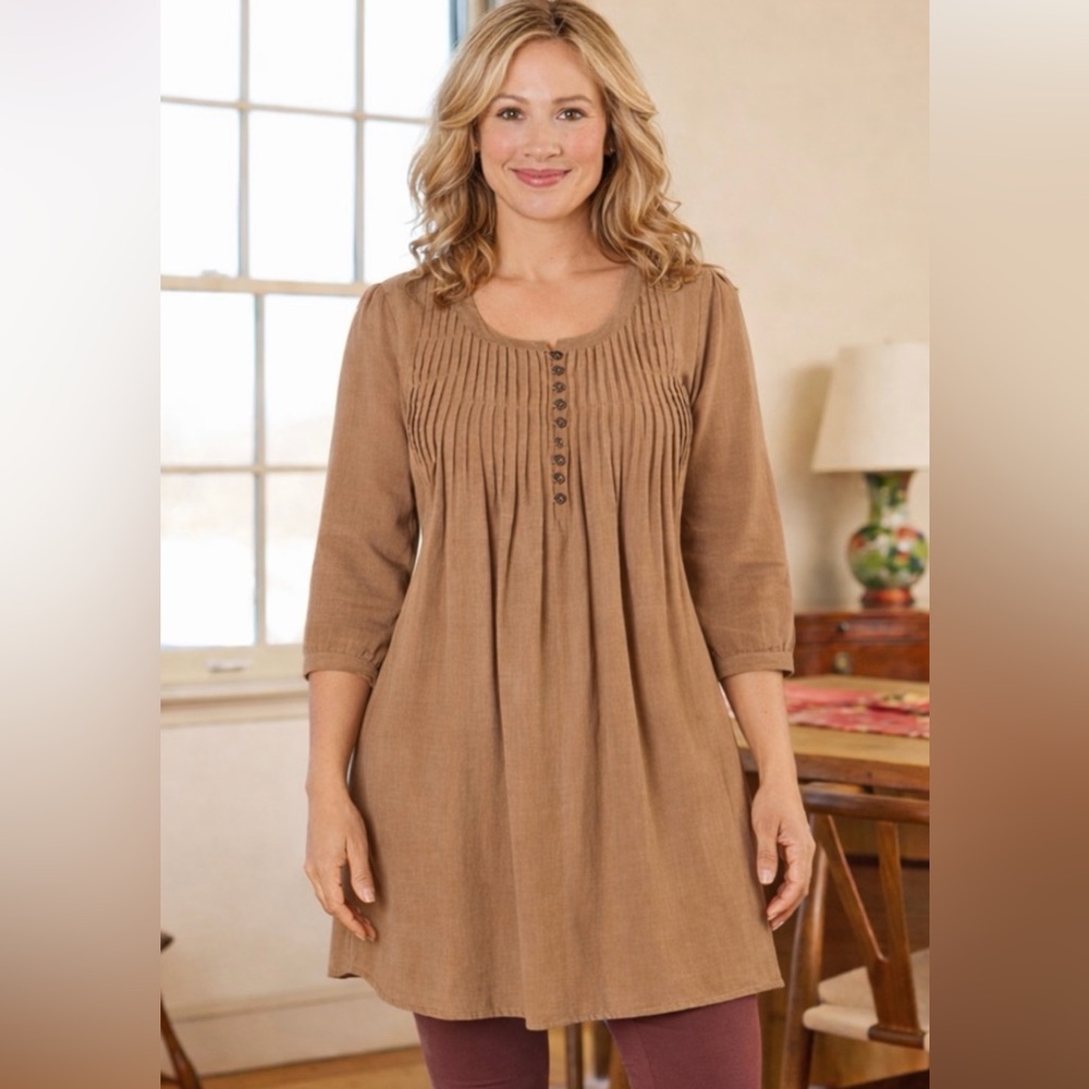 April Cornell Country Road Tunic brown cotton corduroy Belt Pintuck Button Front